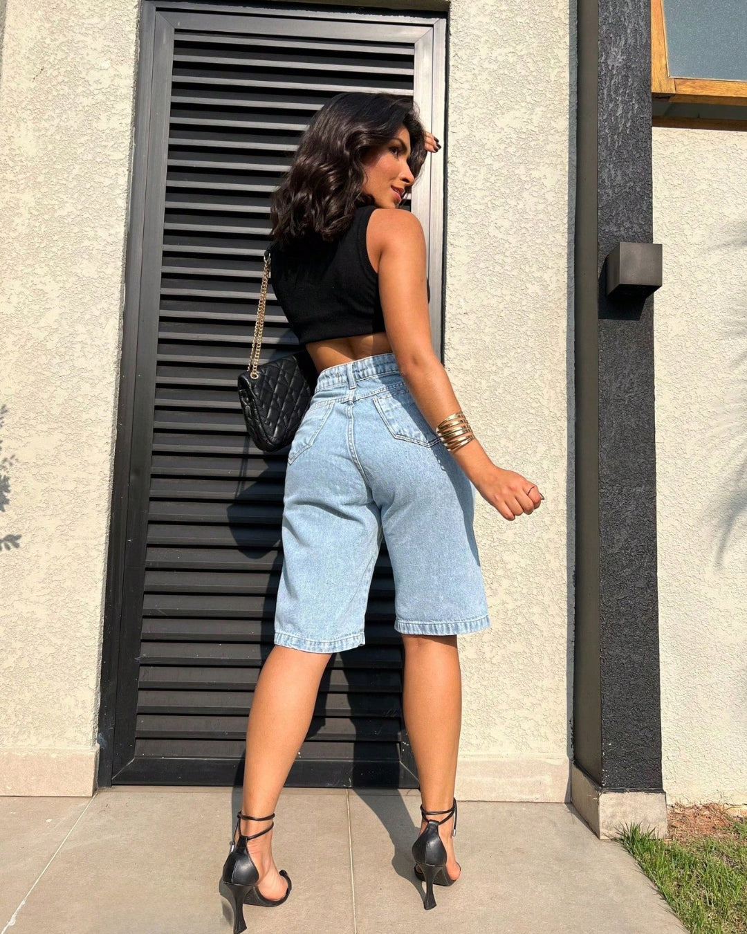 Bermuda Feminina Jeans Ate o Joelho Cintura Alta Casual