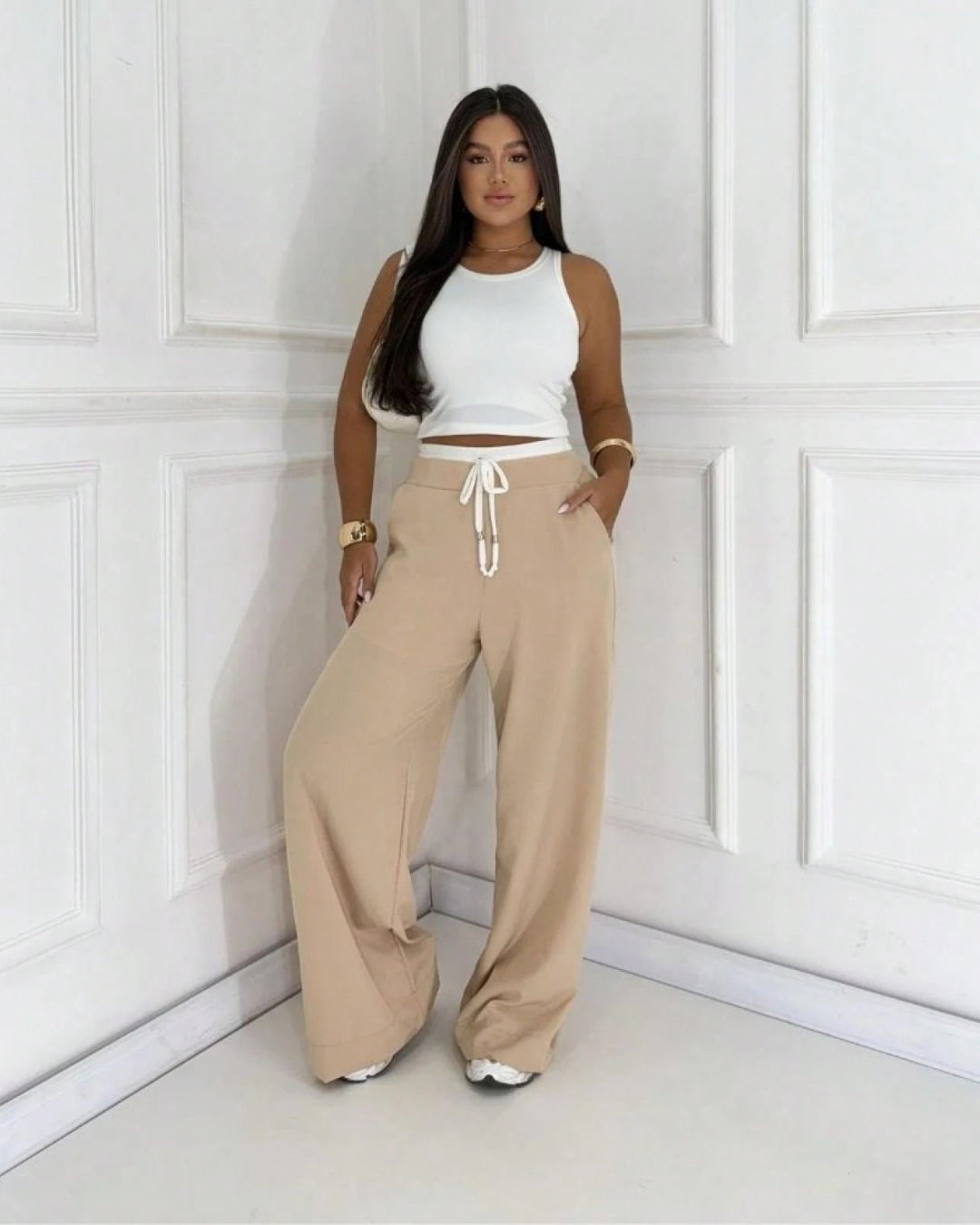 Calça Feminina Pantalona Cós Duplo Alfaiataria Bege