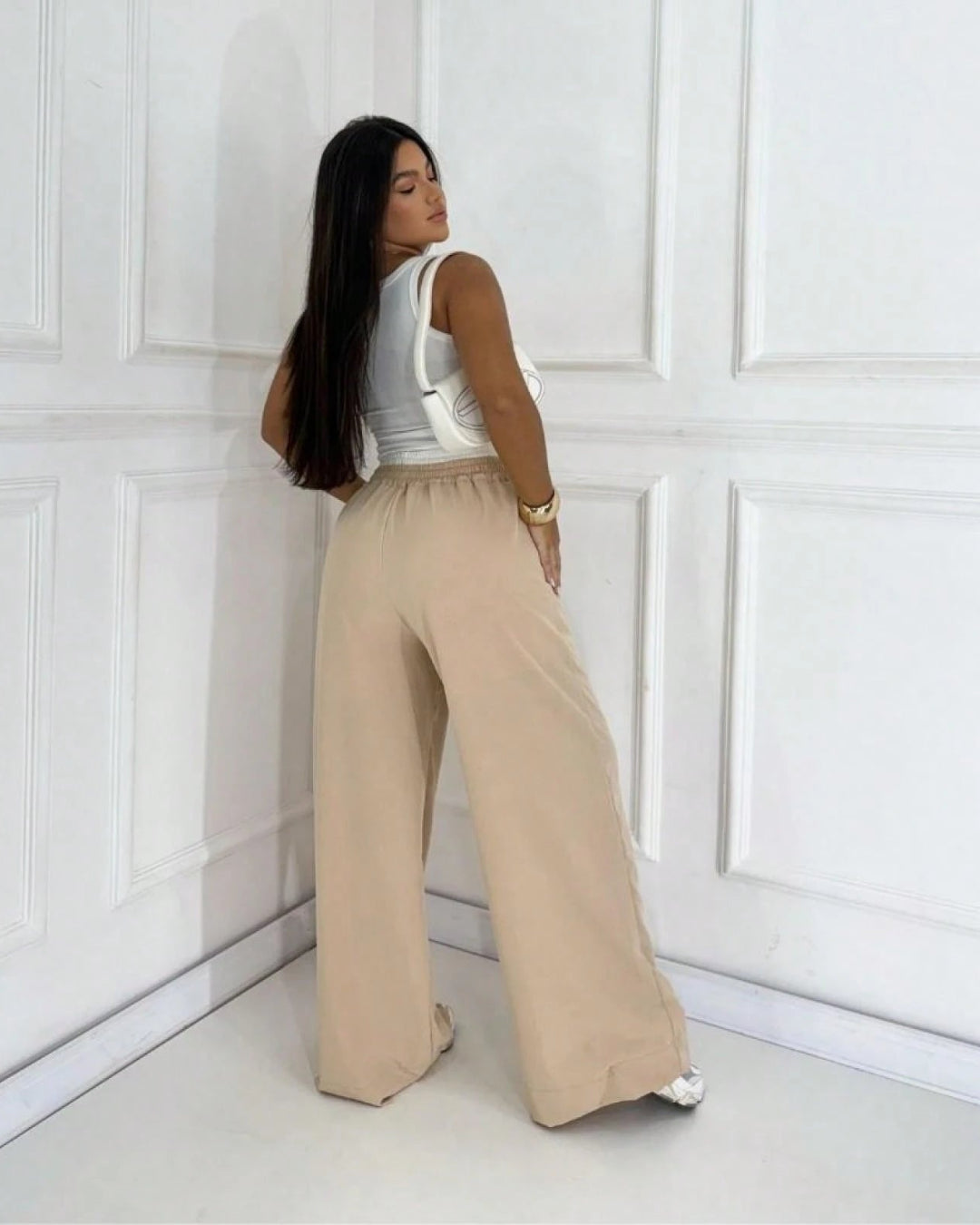 Calça Feminina Pantalona Cós Duplo Alfaiataria Bege