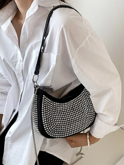Bolsa meia lua com strass cravejado tiracolo de ombro alça corrente