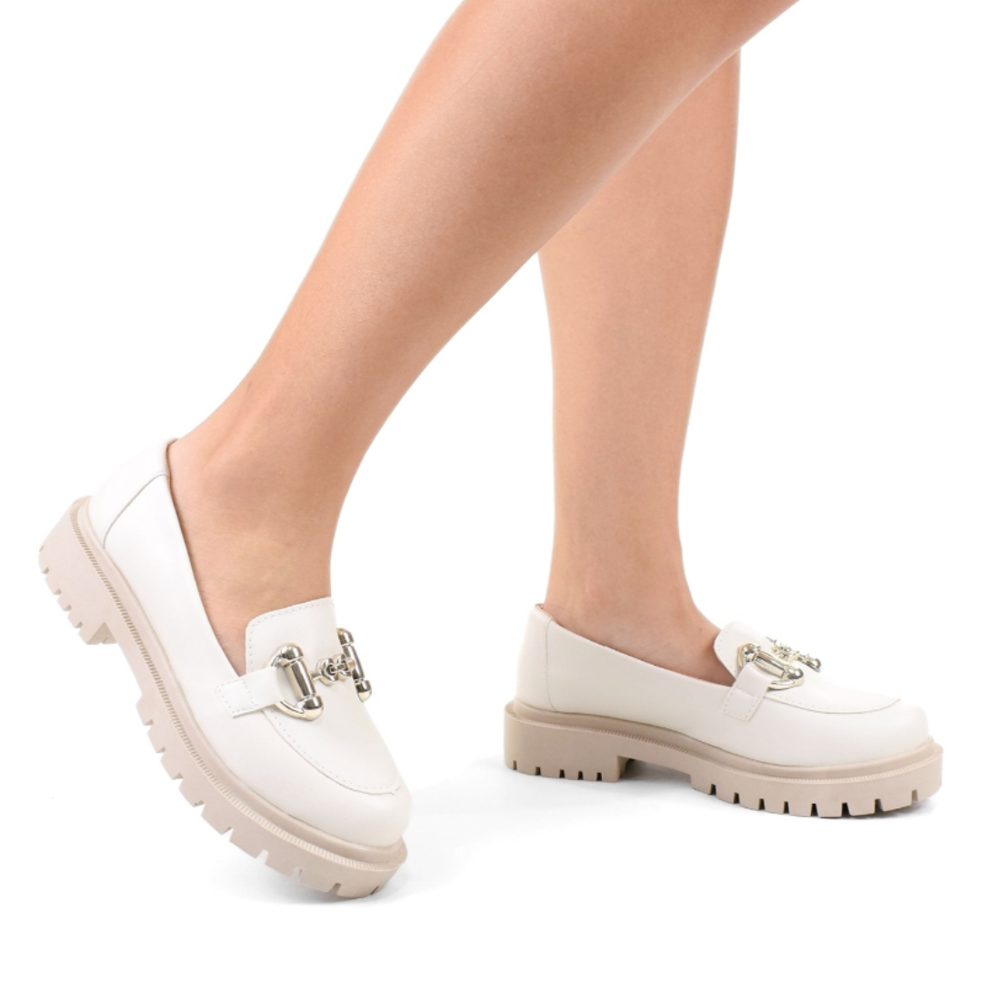 Mocassim Feminino Sola Tratorada Oxford Plataforma Leve e Confortável Off White