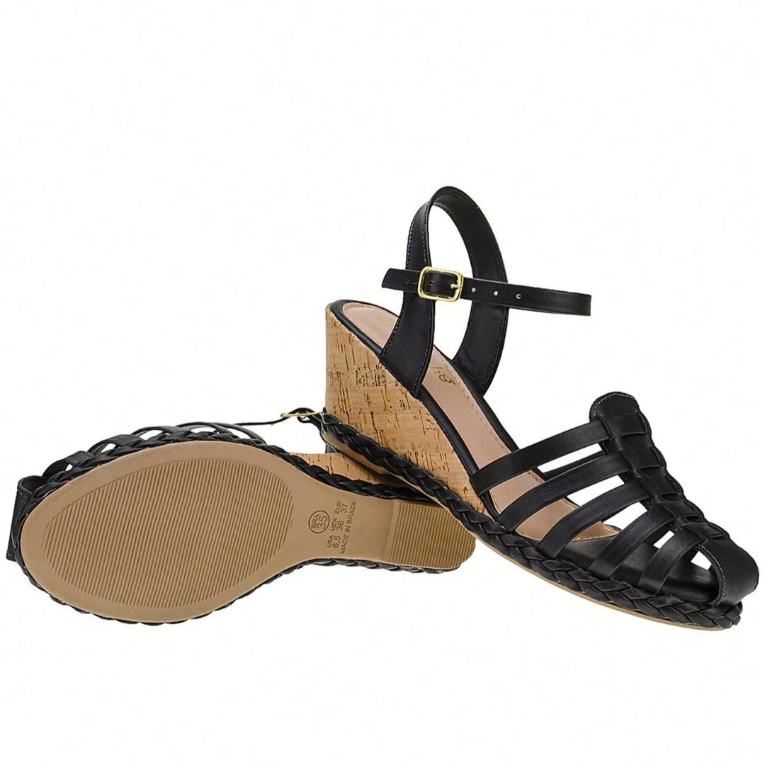 Sandália Feminina Plataforma Anabela Babuche Preto