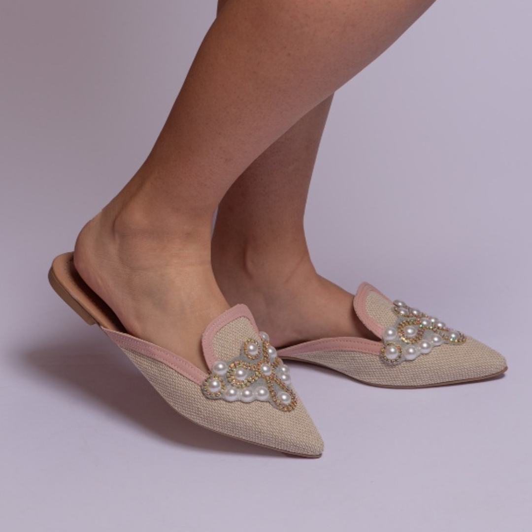 Sapatilha Feminina Mule Bico Fino Pedraria Strass Bege