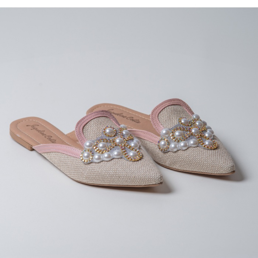 Sapatilha Feminina Mule Bico Fino Pedraria Strass Bege