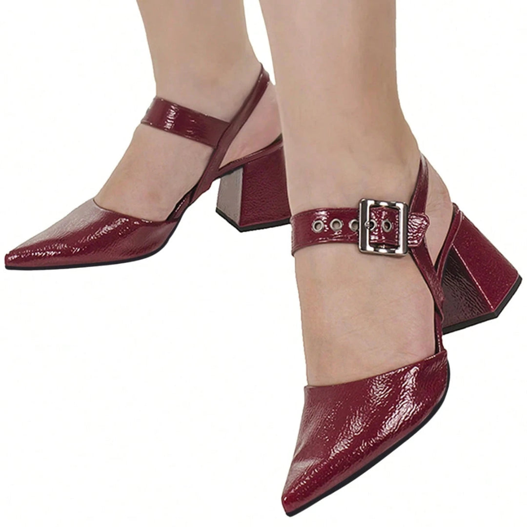 Scarpin Feminino Bico Fino Salto Bloco com Fivela Vinho