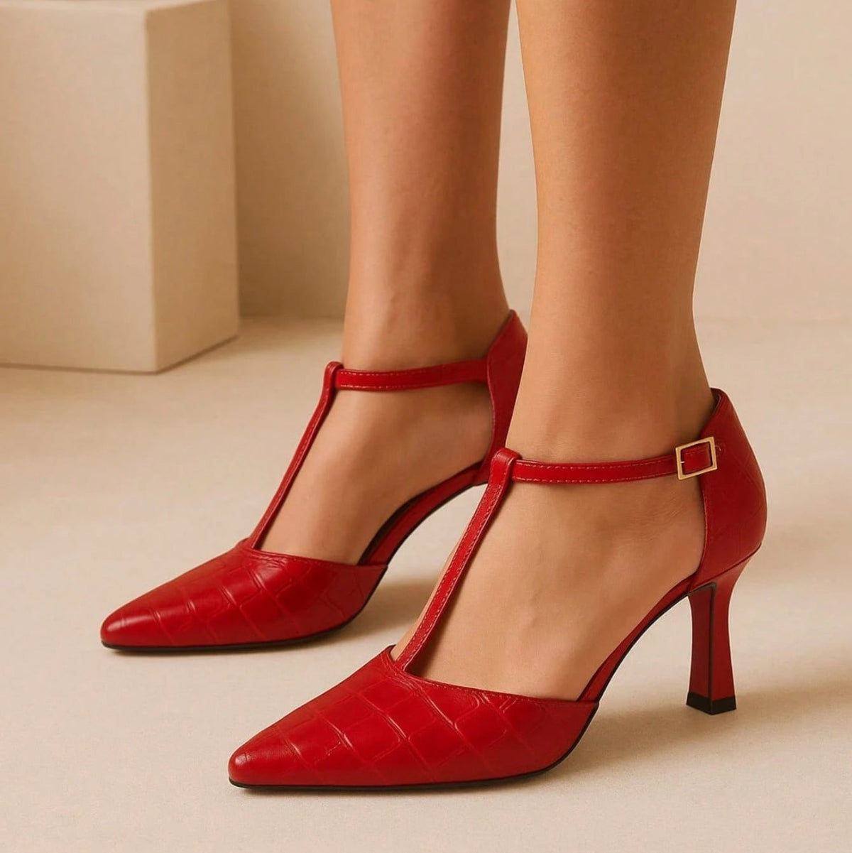 Scarpin Feminino Salto Fino Taça Croco Vermelho