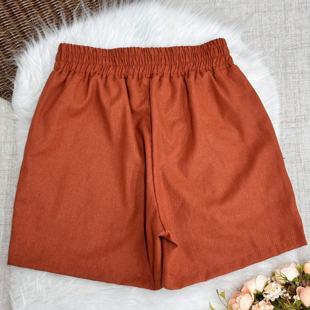 Shorts Feminino de Linho com Bolso e Elástico na Cintura Marrom