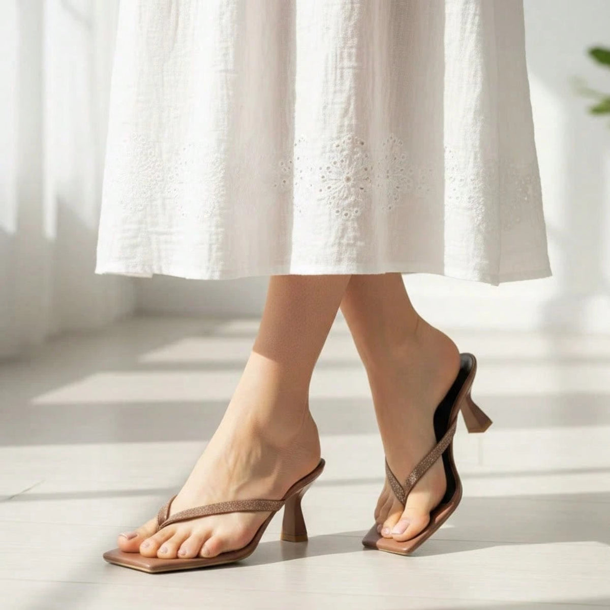 Tamanco Feminino Salto Fino Baixo Frente Quadrada Marrom