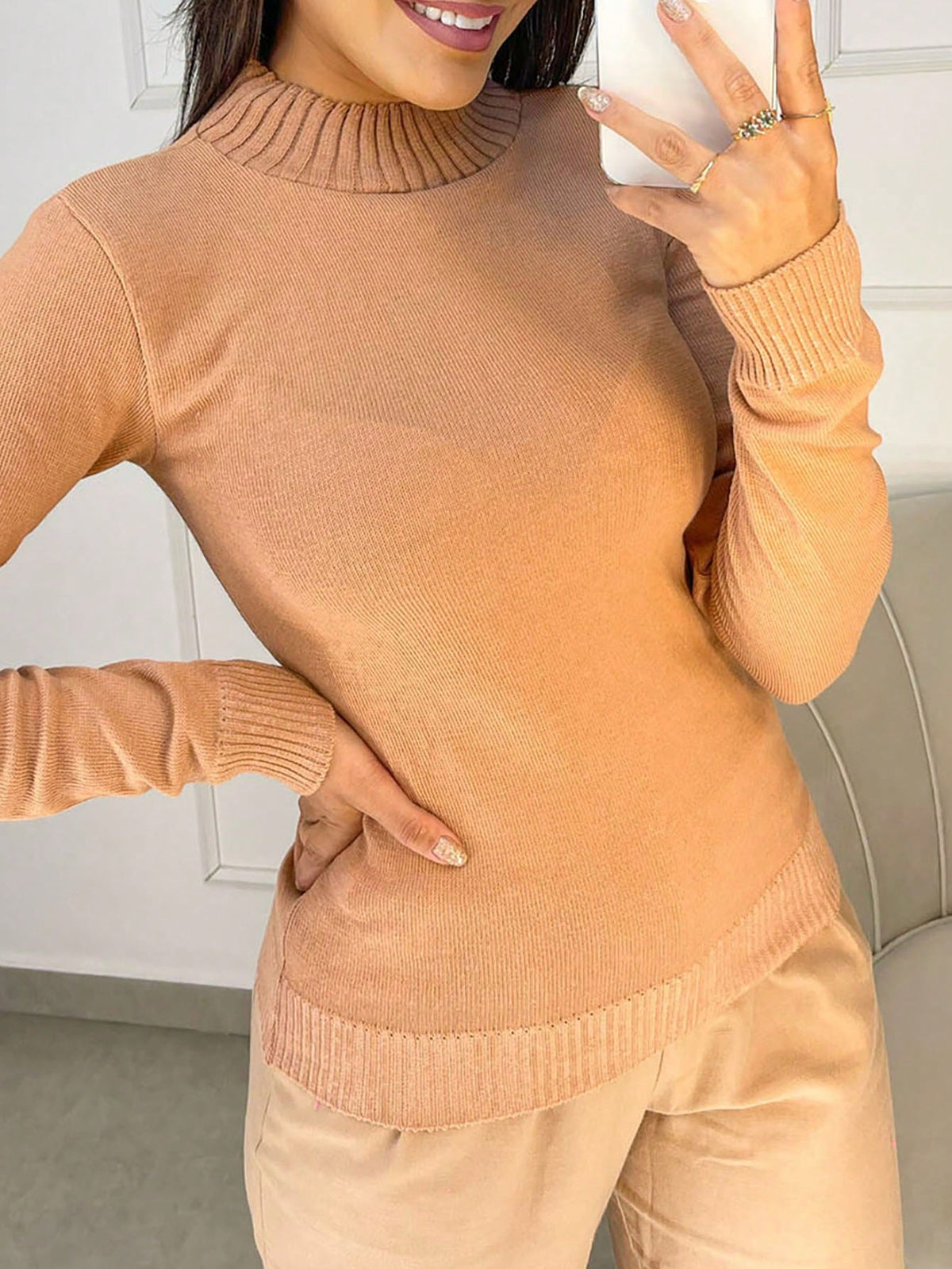 Vendedor Indicadotricot linha gola caneladinho lastano feminina blusa manga longa basica