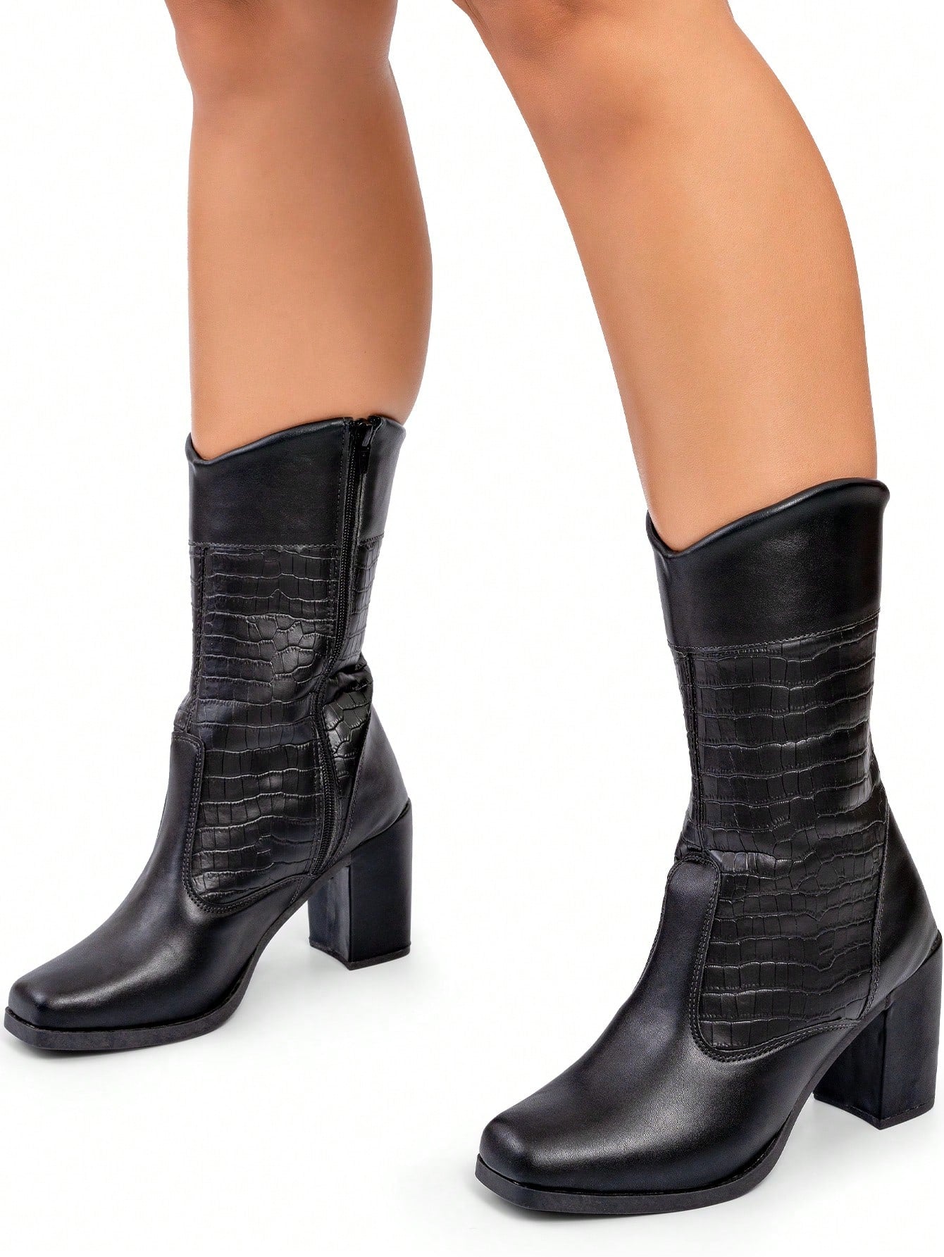 Lumiss Bota Cano Médio Feminina Salto Bloco Alto Grosso Confortável Blogueira Moda Croco Lumiss