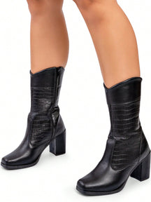 Lumiss Bota Cano Médio Feminina Salto Bloco Alto Grosso Confortável Blogueira Moda Croco Lumiss