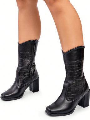 Lumiss Bota Cano Médio Feminina Salto Bloco Alto Grosso Confortável Blogueira Moda Croco Lumiss