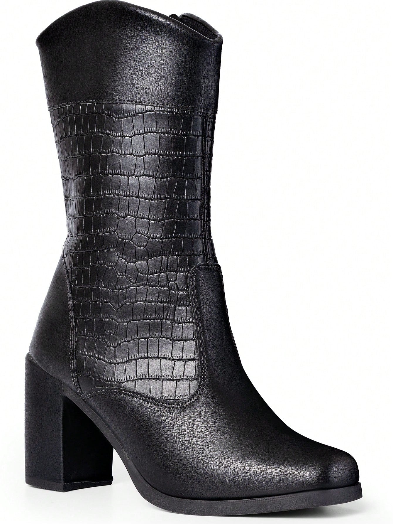 Lumiss Bota Cano Médio Feminina Salto Bloco Alto Grosso Confortável Blogueira Moda Croco Lumiss
