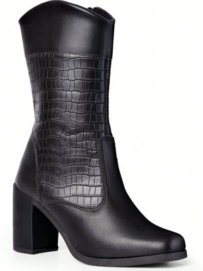 Lumiss Bota Cano Médio Feminina Salto Bloco Alto Grosso Confortável Blogueira Moda Croco Lumiss