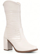 Lumiss Bota Cano Médio Feminina Salto Bloco Alto Grosso Confortável Blogueira Moda Croco Lumiss