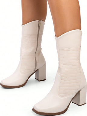 Lumiss Bota Cano Médio Feminina Salto Bloco Alto Grosso Confortável Blogueira Moda Croco Lumiss
