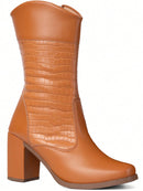 Lumiss Bota Cano Médio Feminina Salto Bloco Alto Grosso Confortável Blogueira Moda Croco Lumiss