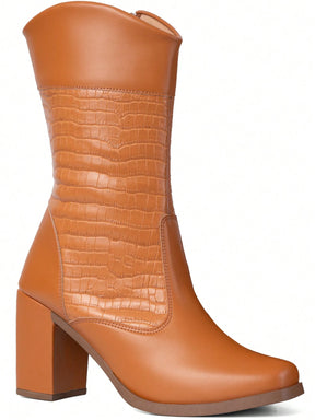 Lumiss Bota Cano Médio Feminina Salto Bloco Alto Grosso Confortável Blogueira Moda Croco Lumiss