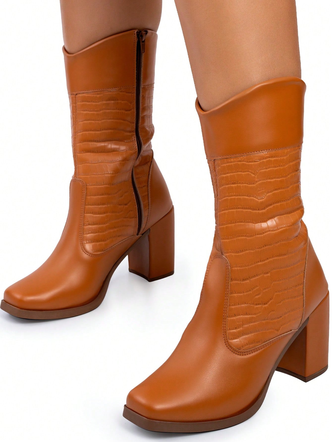 Lumiss Bota Cano Médio Feminina Salto Bloco Alto Grosso Confortável Blogueira Moda Croco Lumiss