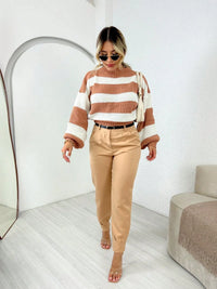 Blusa feminina casaco de frio listrado trico tendencia outono inverno