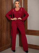 Conjunto Feminino 3 Peças Lãnzinha Origem Importado Calca Blusinha Regatinha e Cardigan Manga Longa