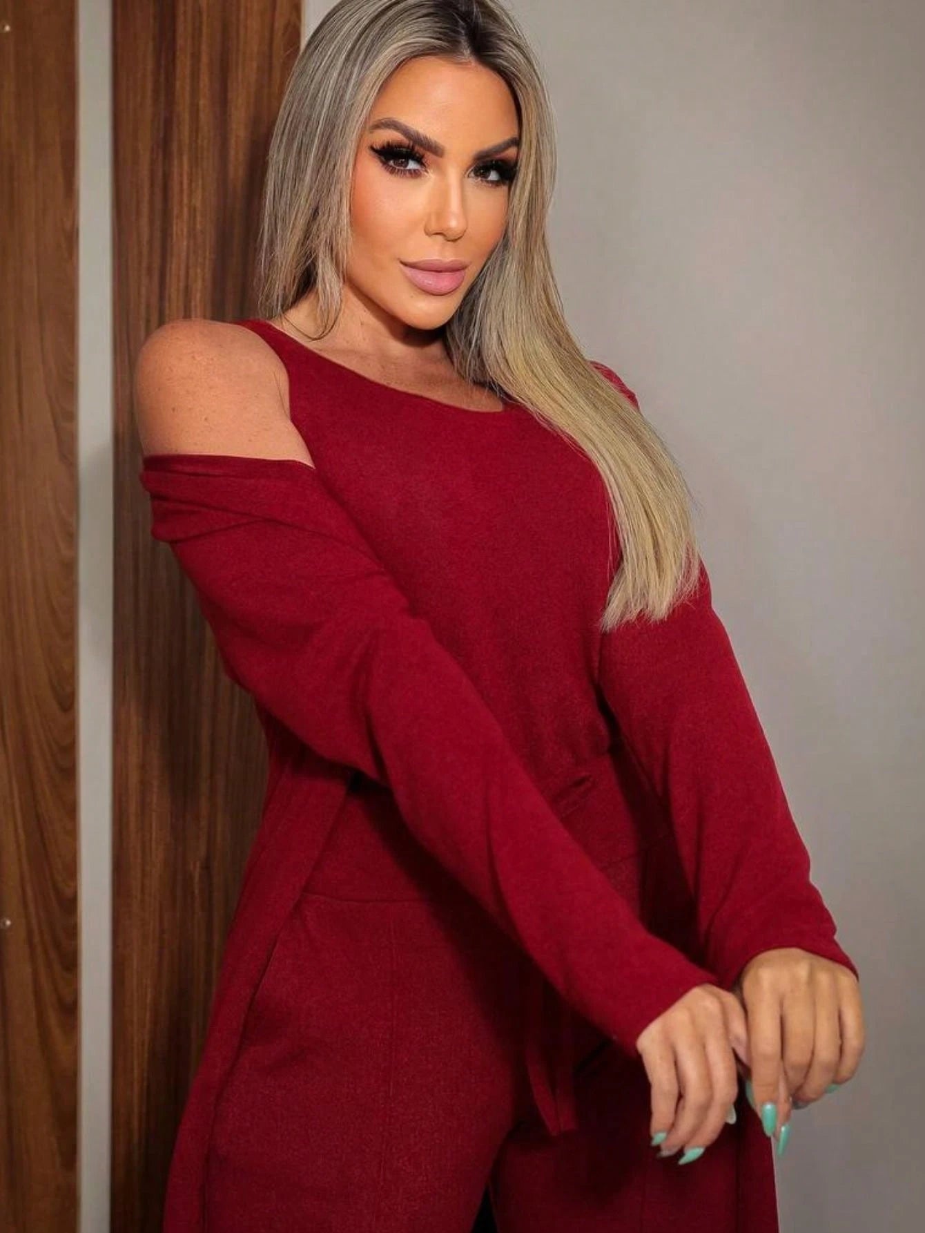 Conjunto Feminino 3 Peças Lãnzinha Origem Importado Calca Blusinha Regatinha e Cardigan Manga Longa