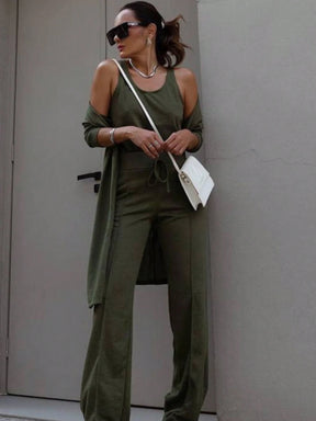Conjunto Feminino 3 Peças Lãnzinha Origem Importado Calca Blusinha Regatinha e Cardigan Manga Longa
