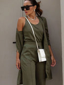Conjunto Feminino 3 Peças Lãnzinha Origem Importado Calca Blusinha Regatinha e Cardigan Manga Longa