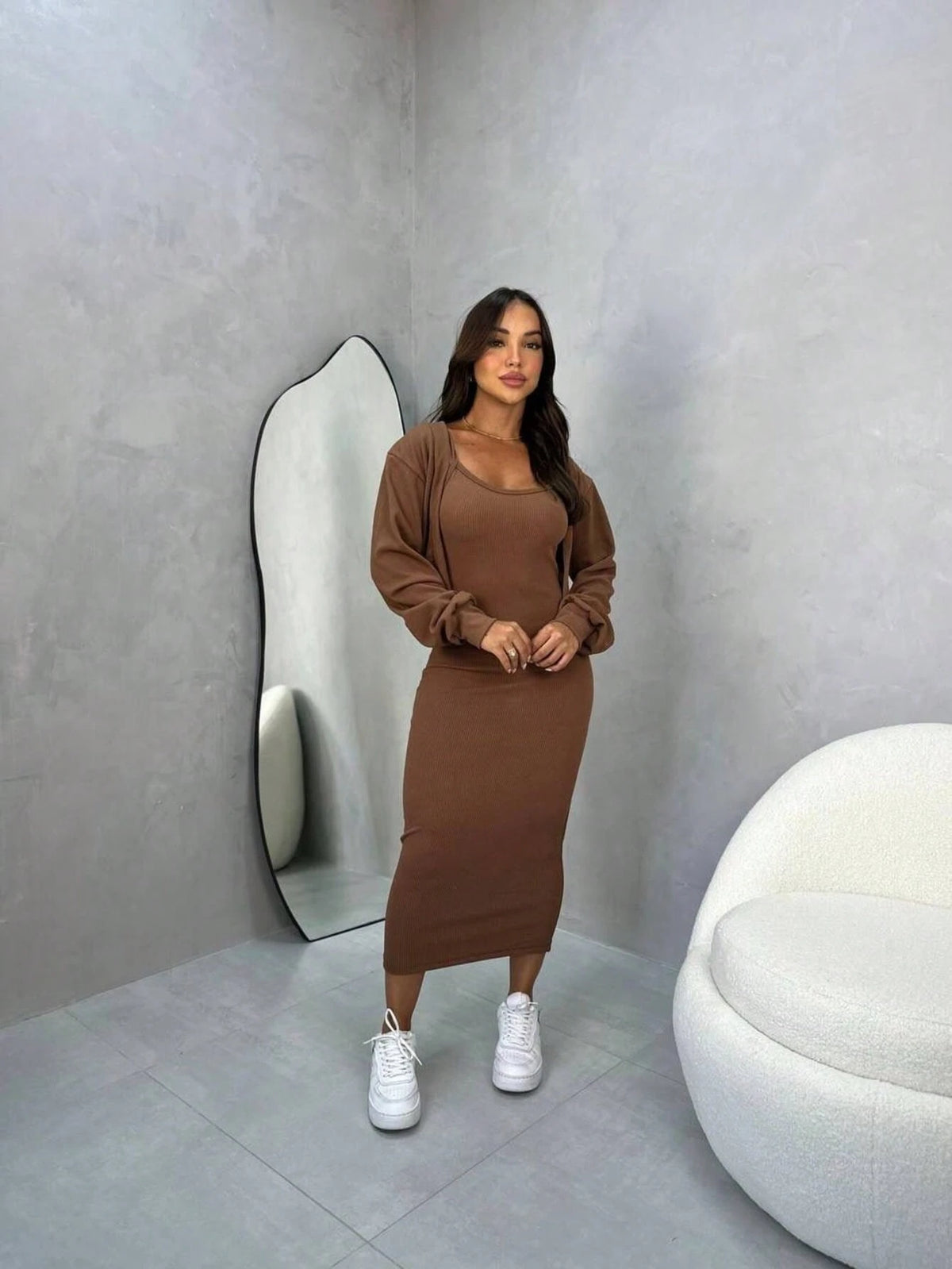 2 Peças - Vestido Longo Feminino com Alcinha e Casaco – Tecido Anarruga Elegante
