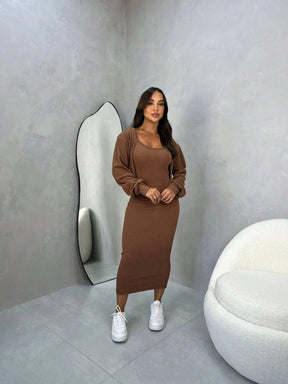 2 Peças - Vestido Longo Feminino com Alcinha e Casaco – Tecido Anarruga Elegante
