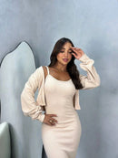 2 Peças - Vestido Longo Feminino com Alcinha e Casaco – Tecido Anarruga Elegante
