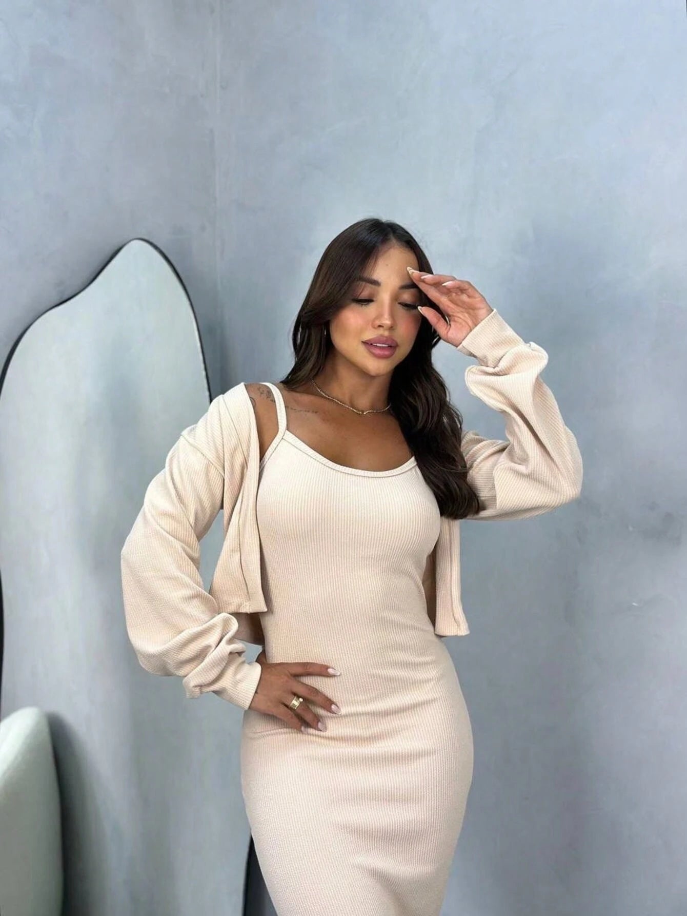 2 Peças - Vestido Longo Feminino com Alcinha e Casaco – Tecido Anarruga Elegante
