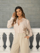 Camisa Manga Longa Feminina Listrada com Botões Solta em Tecido Crepe Premium sem Bolso Tendencia Casual Elegânte