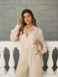 Camisa Manga Longa Feminina Listrada com Botões Solta em Tecido Crepe Premium sem Bolso Tendencia Casual Elegânte