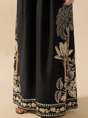 CAJUNI Macaquinho Feminino com Estampa Floral Tropical Boho, Alça e Perna Larga, Casual, Para Praia e Férias, Amarelo/Verde/Damasco