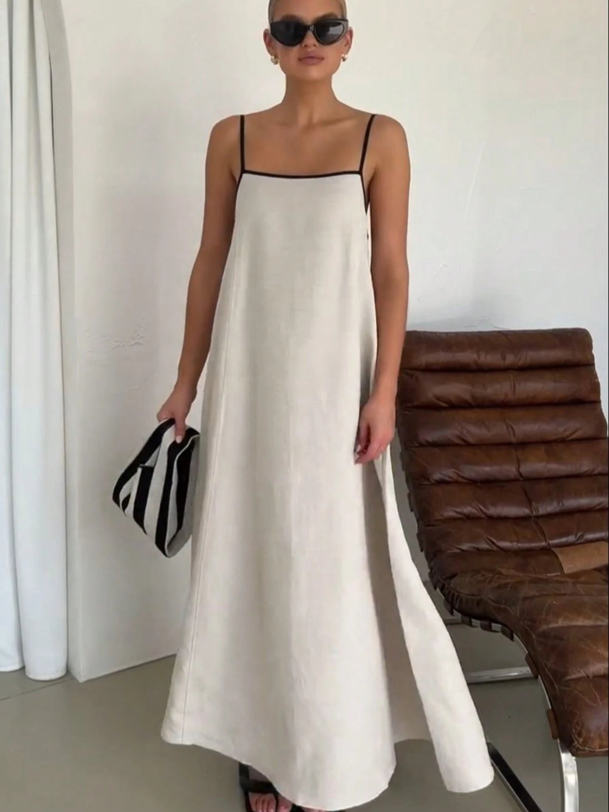 Vendedor IndicadoModa feminina contraste cor algodão e linho estilo longo vestido de saia suspensório(Alça de ombro ajustável)