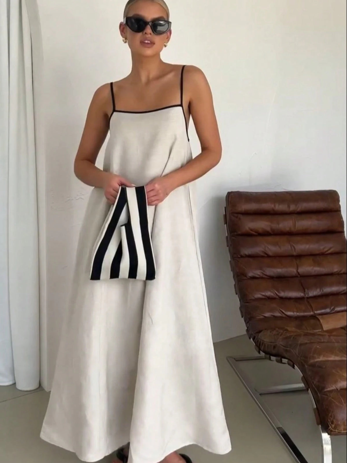 Vendedor IndicadoModa feminina contraste cor algodão e linho estilo longo vestido de saia suspensório(Alça de ombro ajustável)