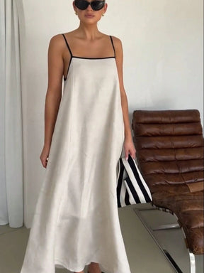 Vendedor IndicadoModa feminina contraste cor algodão e linho estilo longo vestido de saia suspensório(Alça de ombro ajustável)
