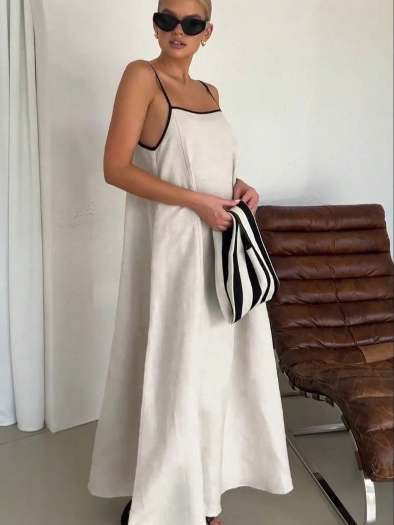 Vendedor IndicadoModa feminina contraste cor algodão e linho estilo longo vestido de saia suspensório(Alça de ombro ajustável)