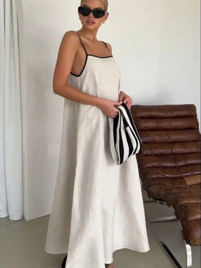 Vendedor IndicadoModa feminina contraste cor algodão e linho estilo longo vestido de saia suspensório(Alça de ombro ajustável)
