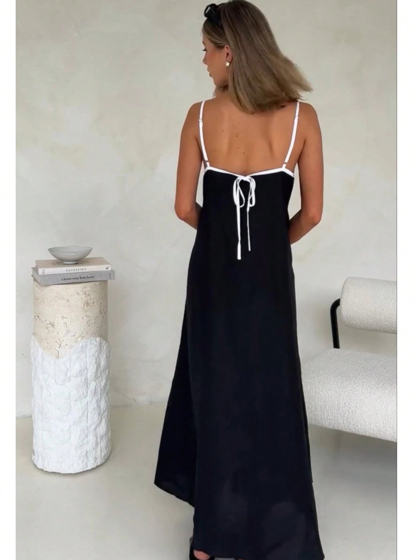 Vendedor IndicadoModa feminina contraste cor algodão e linho estilo longo vestido de saia suspensório(Alça de ombro ajustável)