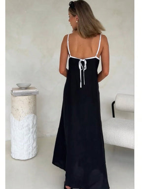 Vendedor IndicadoModa feminina contraste cor algodão e linho estilo longo vestido de saia suspensório(Alça de ombro ajustável)