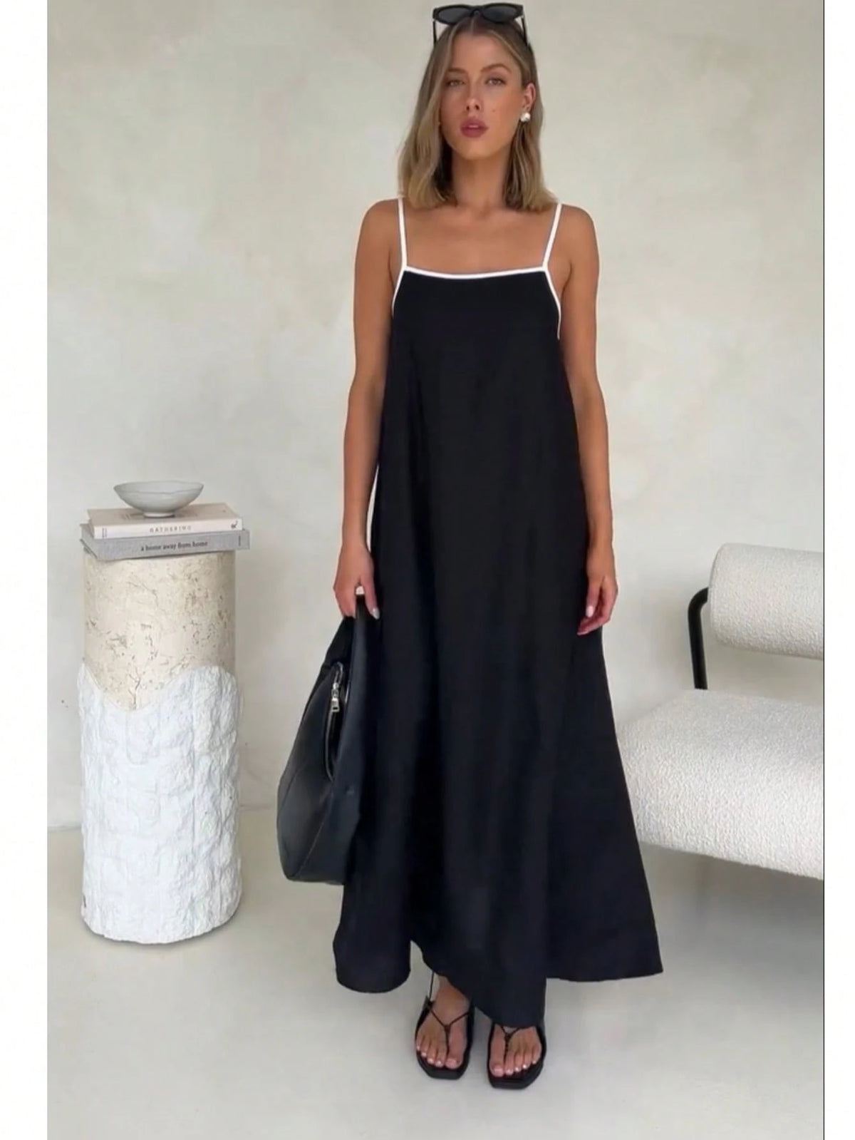 Vendedor IndicadoModa feminina contraste cor algodão e linho estilo longo vestido de saia suspensório(Alça de ombro ajustável)