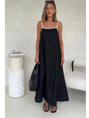 Vendedor IndicadoModa feminina contraste cor algodão e linho estilo longo vestido de saia suspensório(Alça de ombro ajustável)