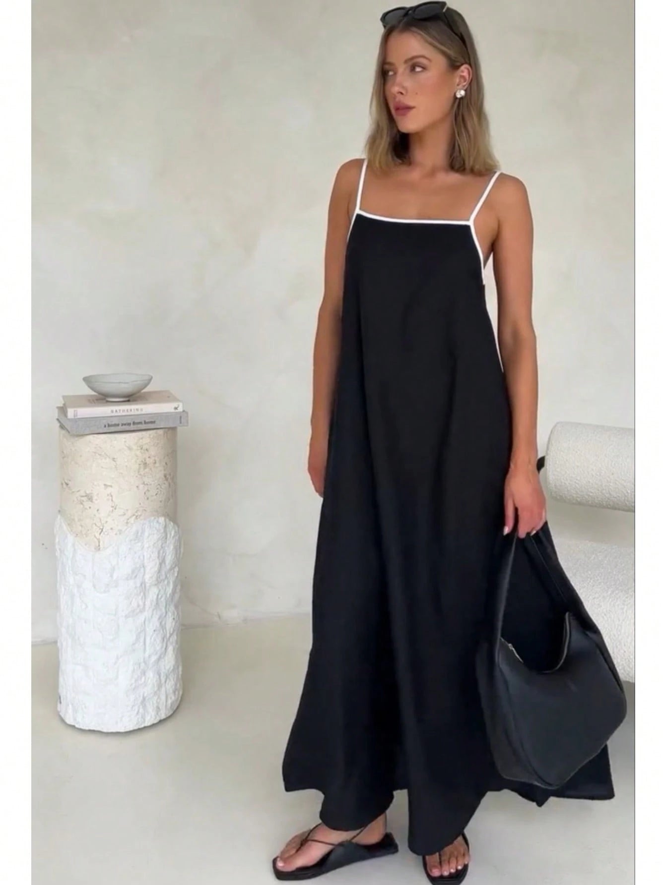 Vendedor IndicadoModa feminina contraste cor algodão e linho estilo longo vestido de saia suspensório(Alça de ombro ajustável)