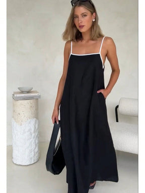 Vendedor IndicadoModa feminina contraste cor algodão e linho estilo longo vestido de saia suspensório(Alça de ombro ajustável)