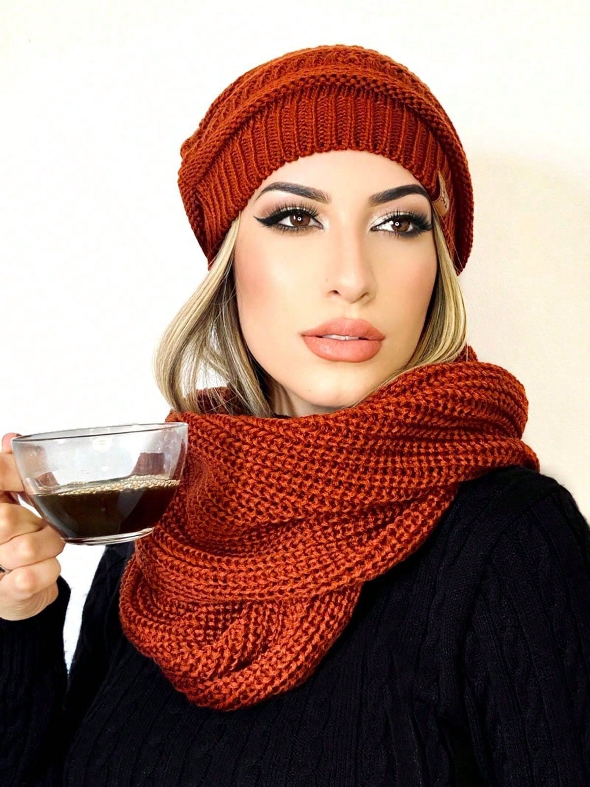 Vendedor IndicadoConjunto Tricot Gorro Cachecol Infinito Macio Lã Tendencia Inverno Moda