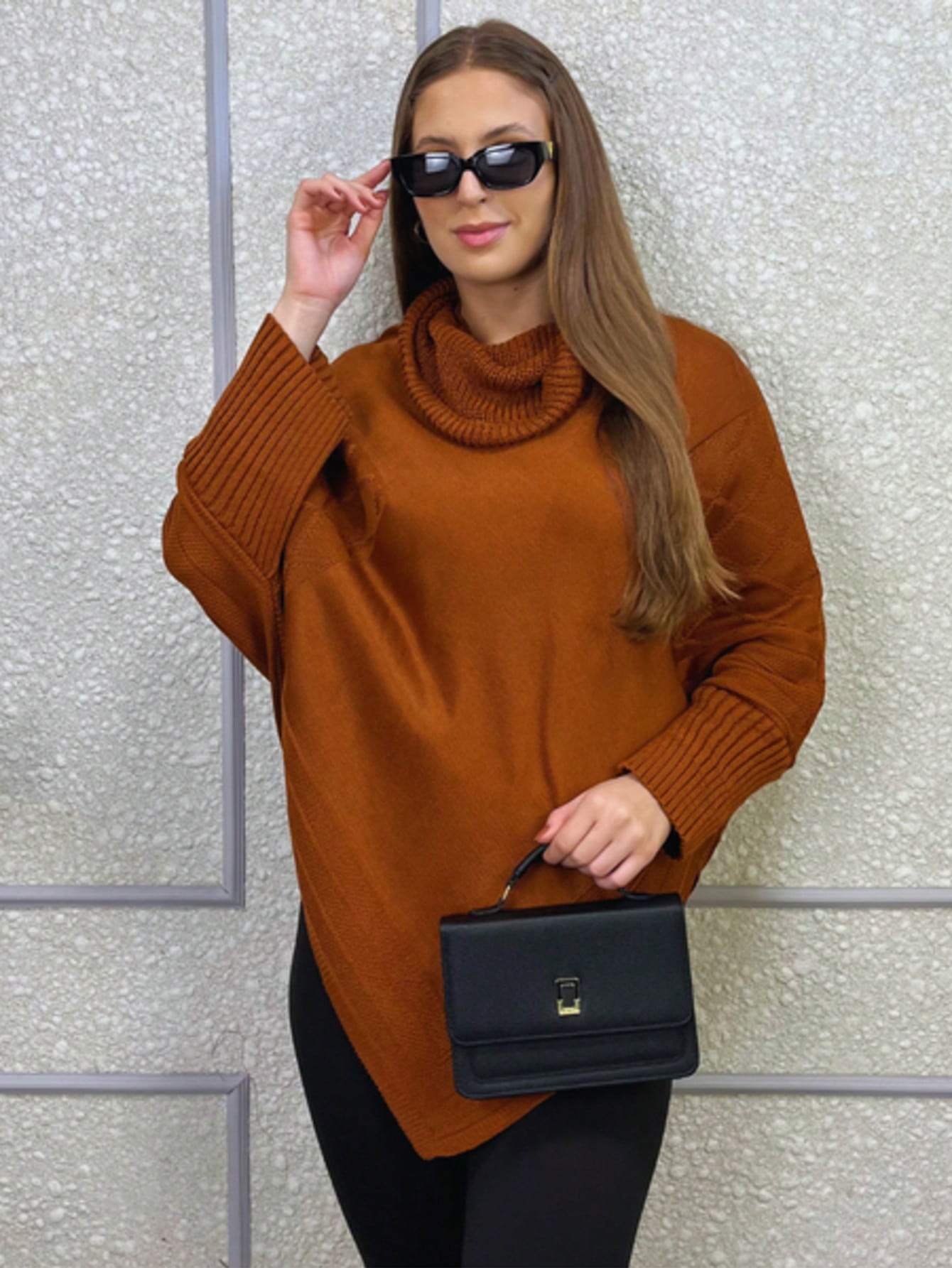 Vendedor IndicadoPoncho Feminino Bico Mousse Tricot Liso Gola Alta Casaco Lã Inverno