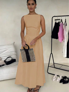 Vestido Longo Feminino Slim com Costas Nuas – Decote Redondo, Sofisticado e Confortável 
