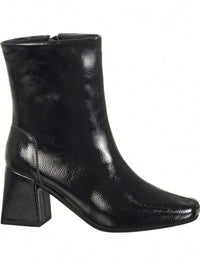 GiGiL Bota Feminina GiGiL Bico Quadrado Salto Bloco Médio Cano Curto Verniz Casual Clássica Elegante Confortável